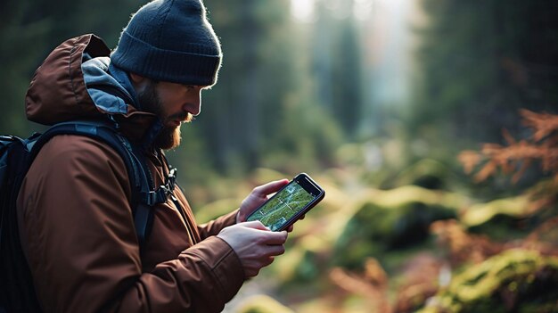 Homem ao ar livre examinando um mapa digital em seu telefone