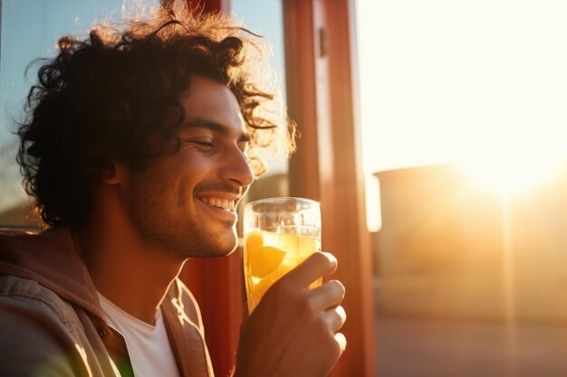 Foto homem apagando a sede com limonada sob o sol