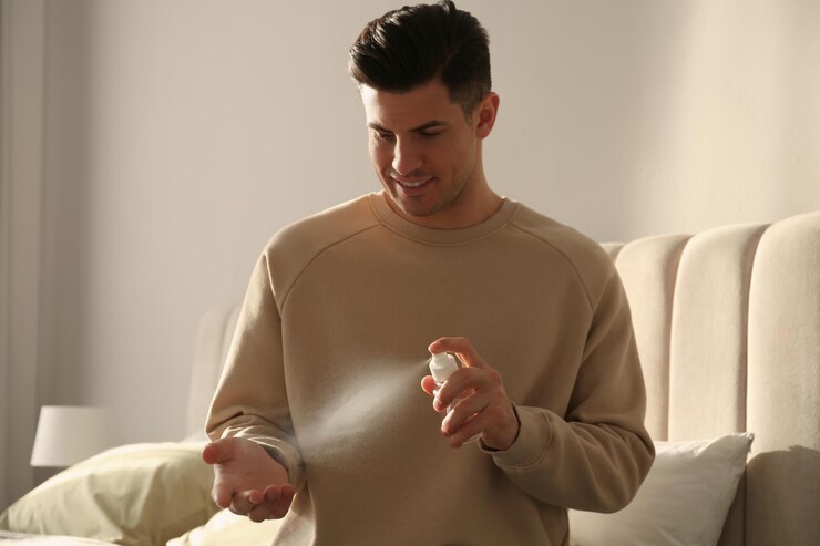 Foto homem aplicando desinfetante em spray na mão em casa