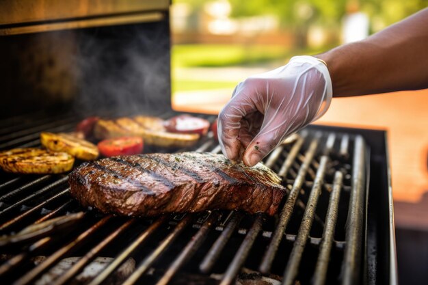 Foto homem aplicando marinada a um bife de lombo na grelha