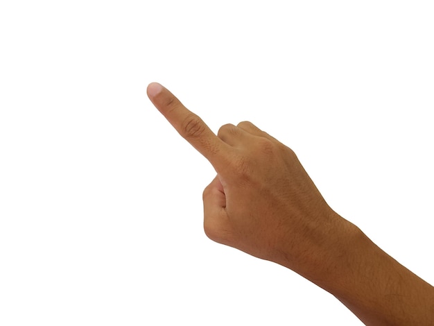 Homem apontando para algo em fundo branco close-up da mão