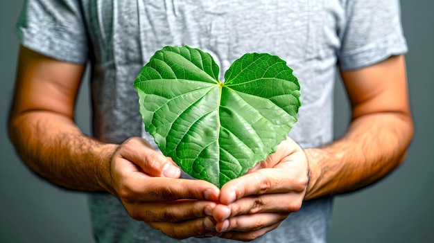 Homem apresentando uma grande folha verde nas mãos simbolizando cuidado e consciência ambiental Imagem vibrante e conceitual fresca para temas de sustentabilidade IA