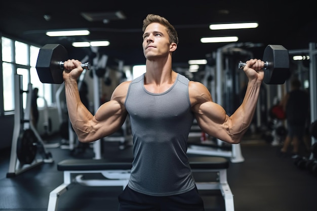 Homem apto exercitando com halteres no centro de fitness