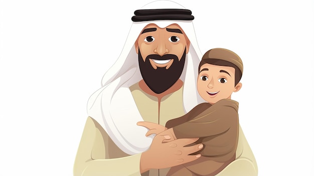 Foto homem árabe de desenho animado segurando seu filho em fundo branco