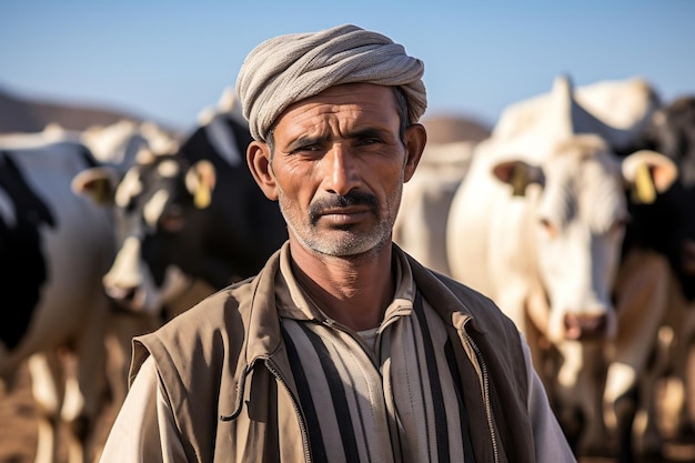 Homem árabe do Oriente Médio em pé na fazenda de laticínios Generative Ai