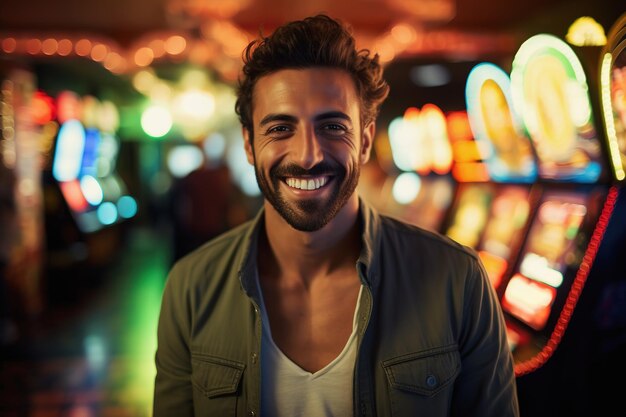 Homem árabe feliz nas máquinas caça-níqueis do casino a desfrutar do estilo de vida da vida noturna