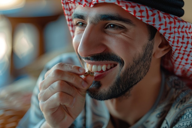 Homem árabe feliz tomando pílula de suplemento de fitness desfrutando de nutrição