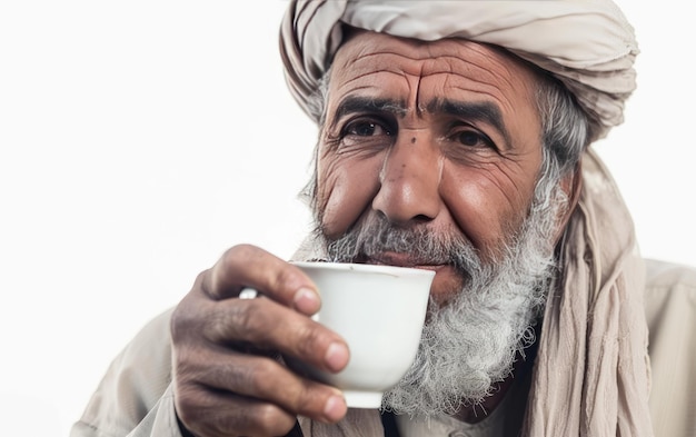Homem árabe saboreando café isolado em fundo branco Content Generative Ai