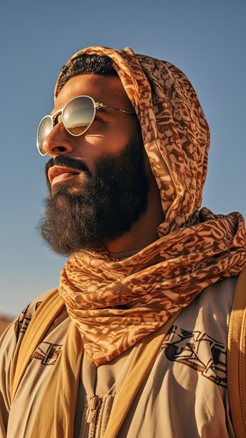 Homem árabe usando óculos de proteção do deserto