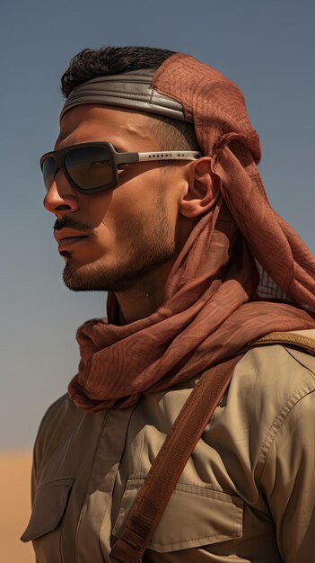 Foto homem árabe usando óculos de proteção do deserto