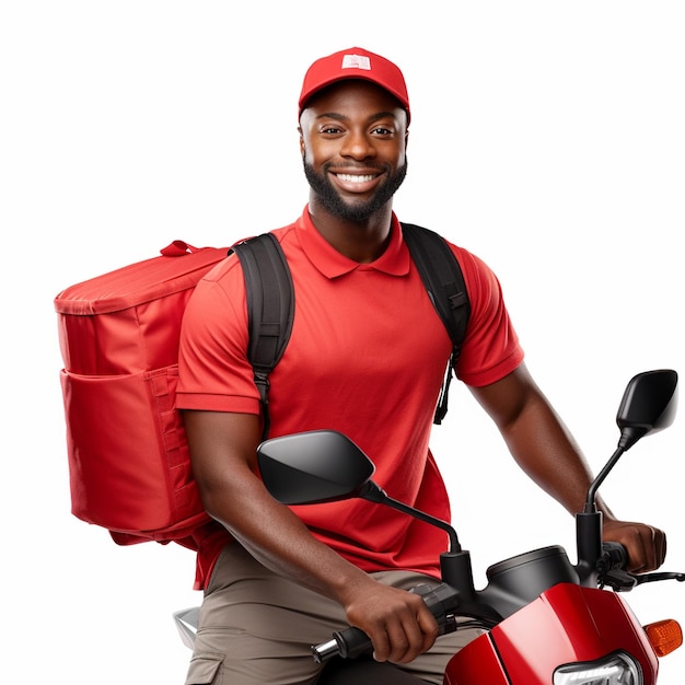 Homem arafed de camisa vermelha e mochila em uma motocicleta vermelha