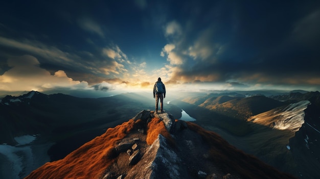 Homem Arafed de pé no topo de uma montanha olhando para o céu generativo ai