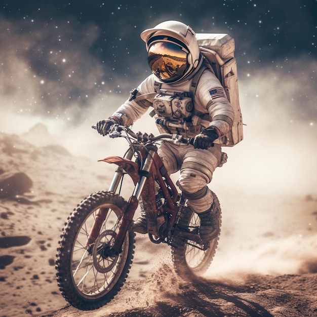 Homem Arafed em um traje espacial andando de bicicleta suja em um deserto generativo ai