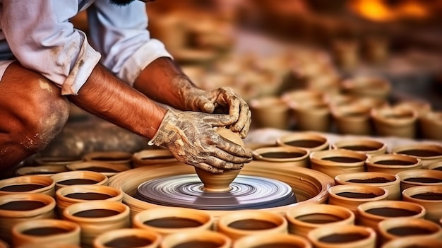 Homem Arafed fazendo um pote em uma roda de oleiro generativa ai