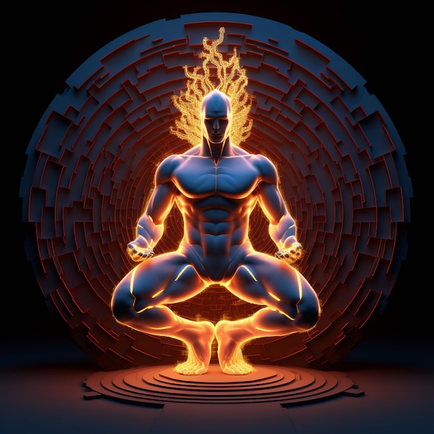 Foto homem arafed meditando em uma posição de meditação com um fogo brilhante gerador ai