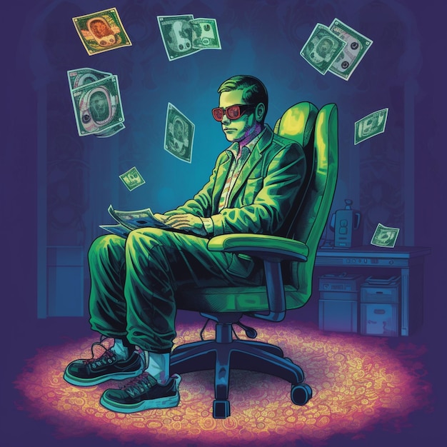 Homem Arafed sentado em uma cadeira com um laptop e dinheiro voando em torno dele generativo ai