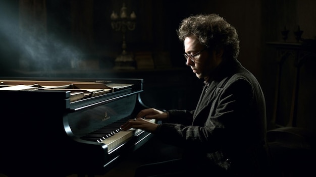 Homem Arafed tocando piano em uma sala escura generativo ai