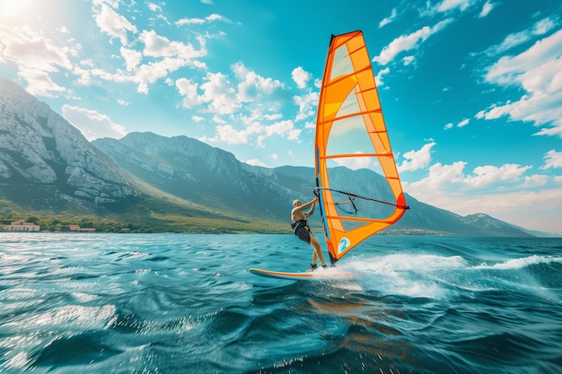 Foto homem arafed windsurf no oceano com montanhas no fundo generativo ai