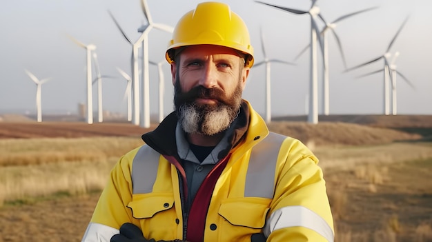 homem arafiado com capacete amarelo e jaqueta amarela em frente a turbinas eólicas IA generativa