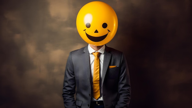 homem arafiado de terno e gravata com um balão de rosto sorridente Generative AI