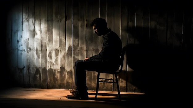 homem arafiado sentado em uma cadeira em um quarto escuro IA generativa