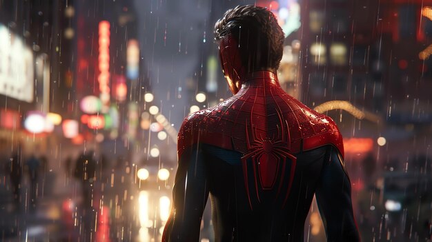 Foto homem-aranha olhando para uma cidade chuvosa as luzes da cidade são refletidas na chuva