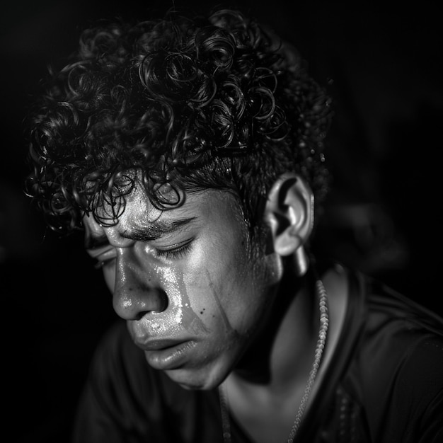 Foto homem arrafado com um rosto choroso e uma cadeia em torno de seu pescoço generativo ai