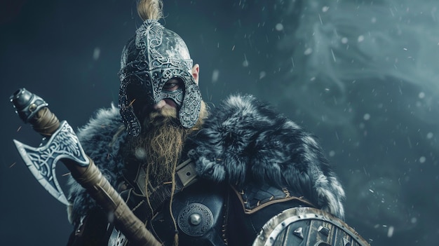 homem arrafado em um traje viking segurando uma espada e escudo generativo ai