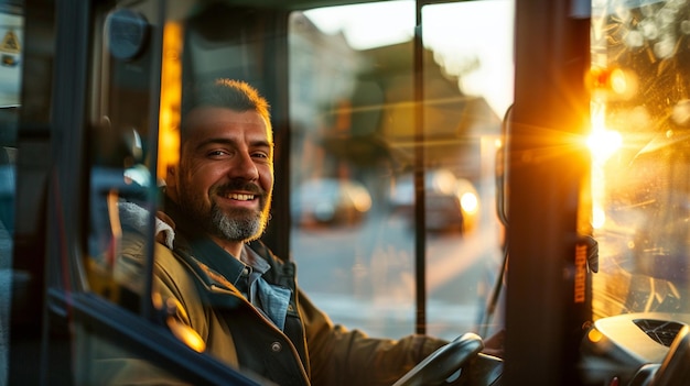 homem arrafado sentado em um ônibus com o sol brilhando pela janela generativo ai