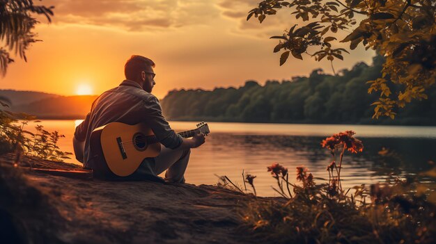 Foto homem arrafado sentado em uma rocha perto de um lago tocando guitarra ai generativa