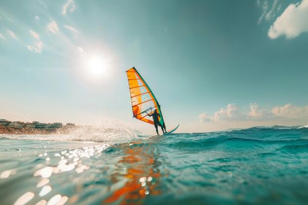 Foto homem arrafado windsurf no oceano em um dia ensolarado generativo ai