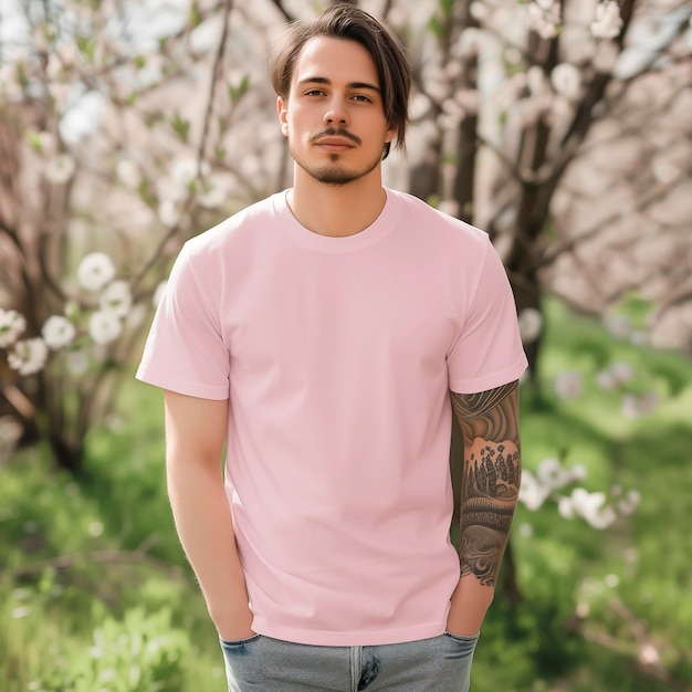 Homem arrebentado com uma camisa rosa de pé em frente a uma árvore T-shirt rosa mockup claro