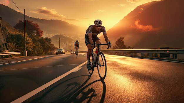 Homem asiático andando de bicicleta de estrada ao nascer do sol, estilo de vida ativo e esportes
