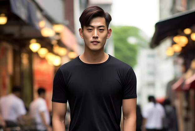 Homem asiático bonito de camisa preta de pé na rua