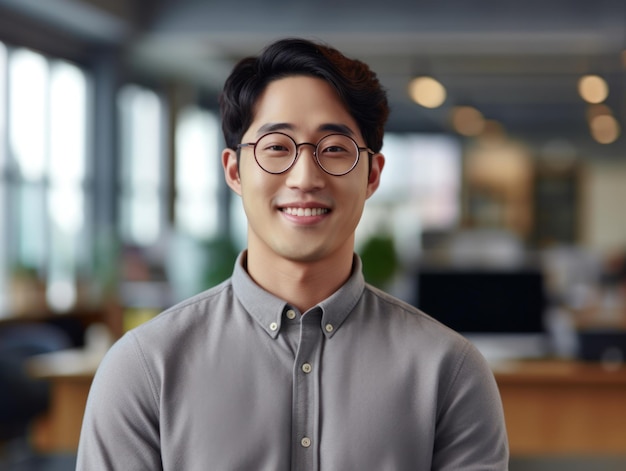 Homem asiático bonito e bem-sucedido confiante sorrindo e parecendo determinado