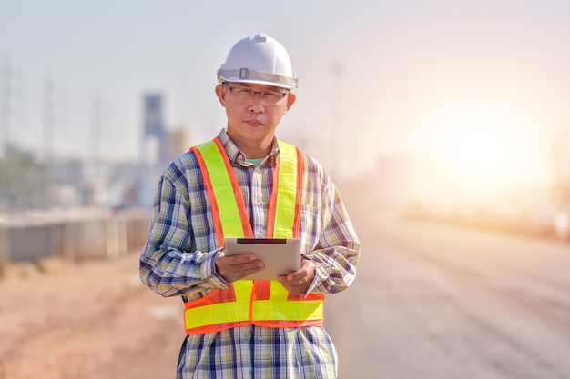 Homem asiático, capacete de segurança de construção, trabalho no local, homem asiático, engenheiro