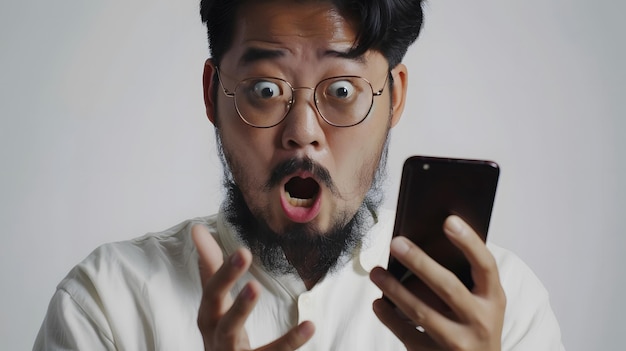 Homem asiático com barba, camisa branca e óculos, em close-up, mostrando expressão de surpresa.