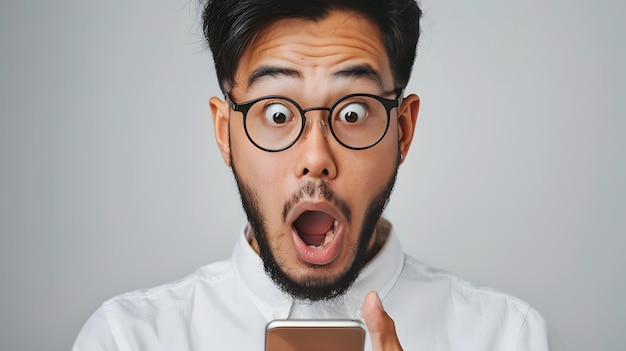 homem asiático com barba em camisa branca e óculos mostrando surpresa enquanto observa a tela do celular
