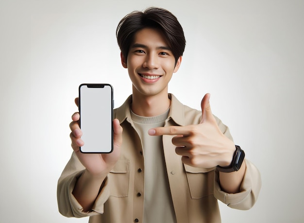 Foto homem asiático com camisa castanha apontando para o telefone usando smartphone sorrindo conceito de finanças bancárias on-line