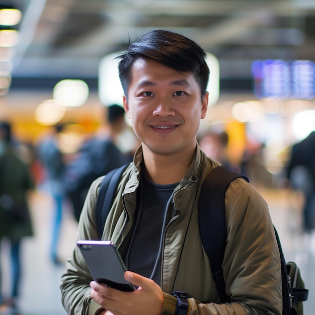 Foto homem asiático com telefone no aeroporto
