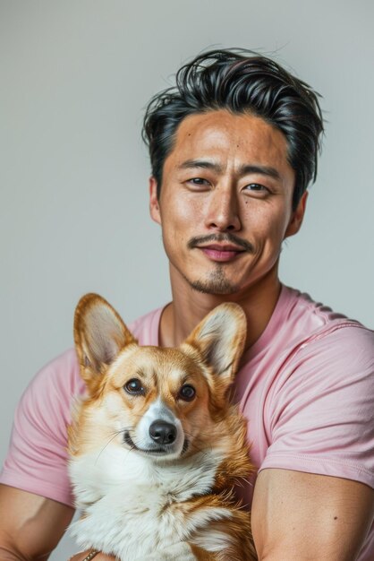 Homem asiático com um cão corgi