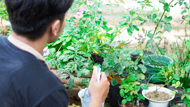 Homem asiático cuidando de regar flores no jardim de sua casa