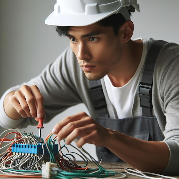 Homem asiático eletricista comemora o Dia do Trabalho