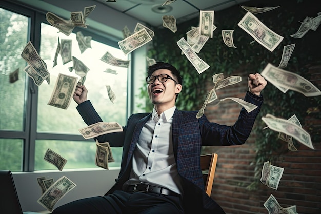 Homem asiático feliz com dólares em dinheiro a voar no escritório em casa.