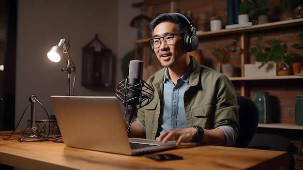 Homem asiático gravando um podcast com fone de ouvido e microfone em seu laptop