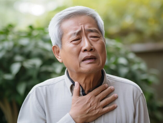 Homem asiático idoso experimentando desconforto possivelmente para a indústria de saúde