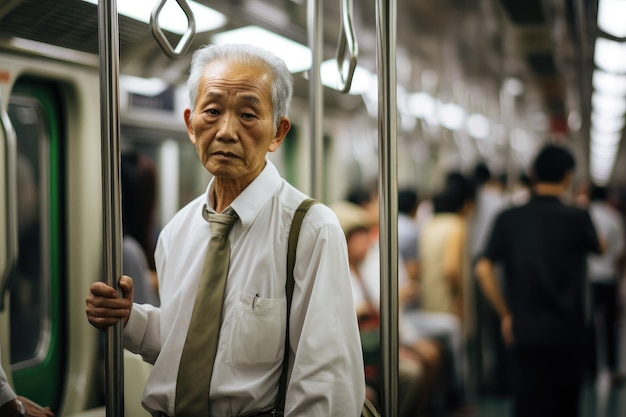 Foto homem asiático idoso no metro.