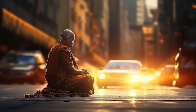 Homem asiático meditando perto de carros na rua