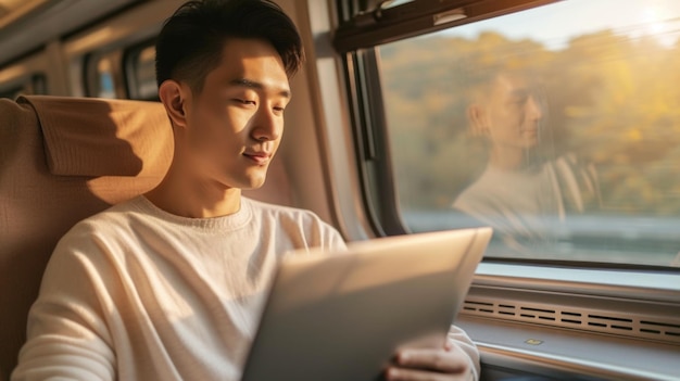 Homem asiático sorridente lendo em um tablet enquanto viaja de trem