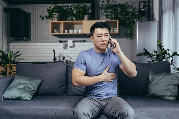 Homem asiático sozinho em casa tem fortes dores no peito liga para um médico relata sua doença sentado no sofá em casa